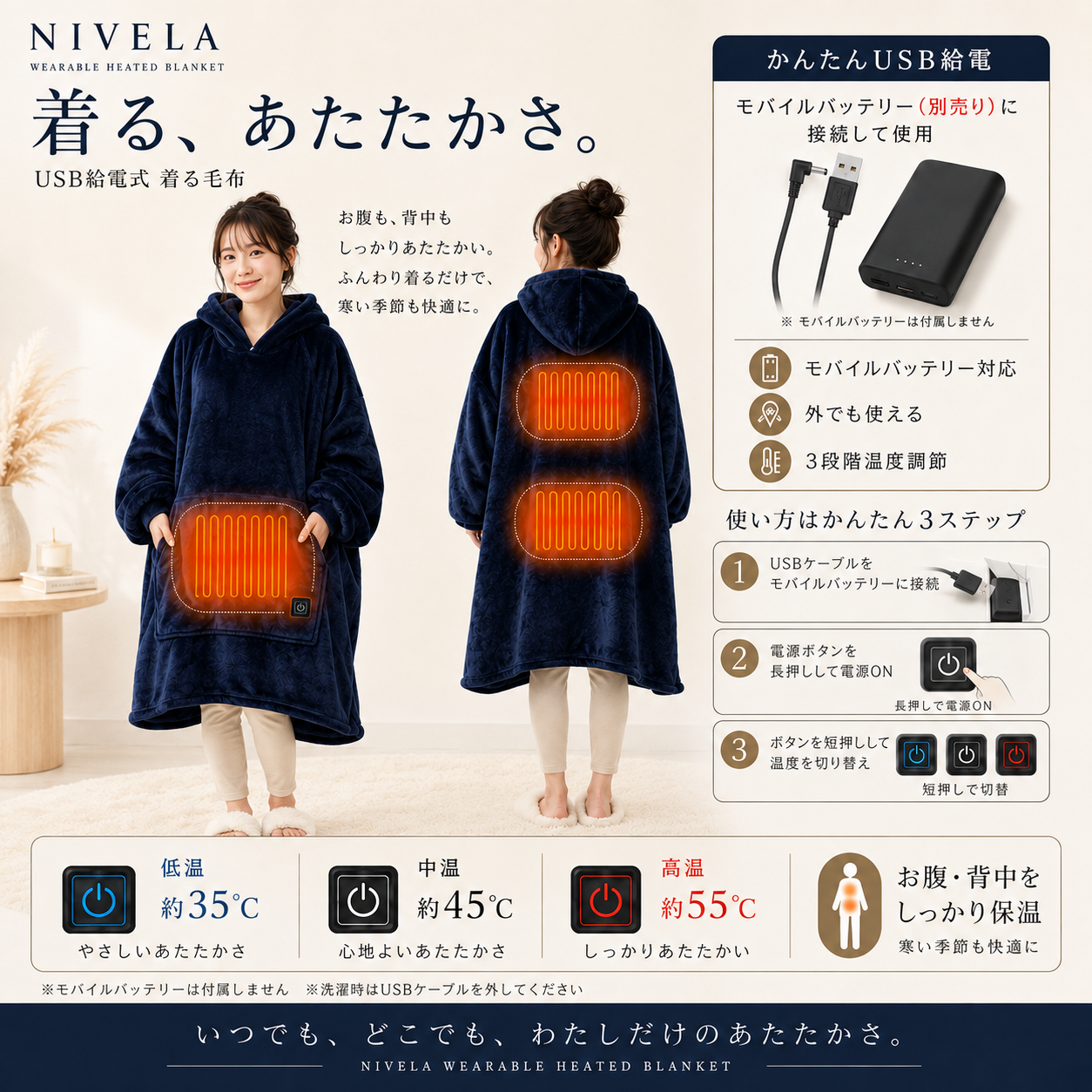 NIVELA™ 極暖フード付き着る電熱毛布